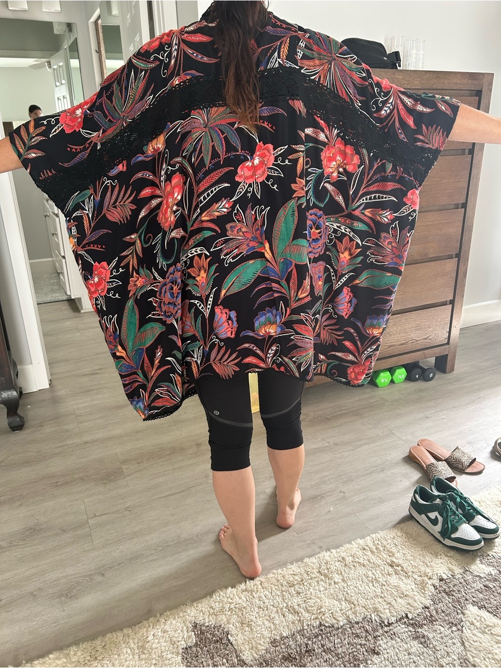 Angie Black Floral Open-Front Kimono Jacket - Black - Picture 4 of 4